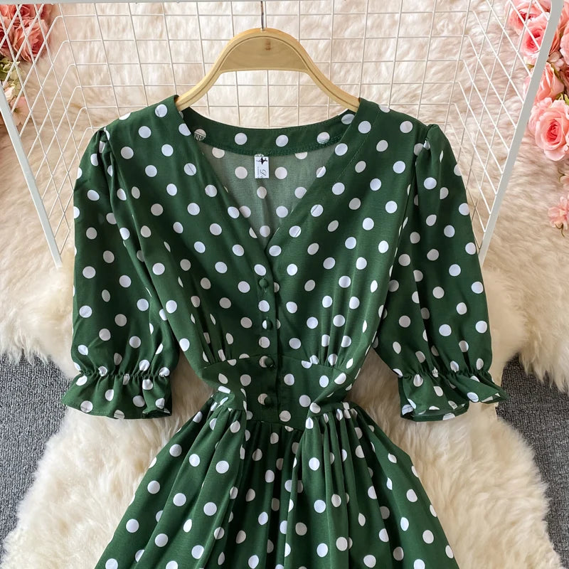 New Summer Women's Fashion Vintage Polka Dot Midi Dress Elegant and Chic A-Line Party Casual White Black Vestidos Female Robe