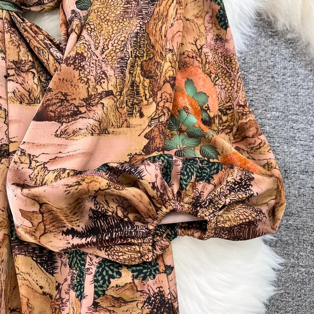 Elegant Casual A-Line Vintage Ruffle Print Long Dress Autumn Lantern Sleeve Party Boho Dresses Beach Holiday Female Vestidos