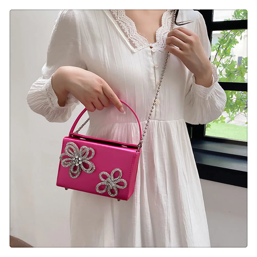 Light Luxury High-Grade Women Chain Crossbody Bag Korean Design Sense Diamond Flower New Pop Handbag Fashion Box Mini Square Bag