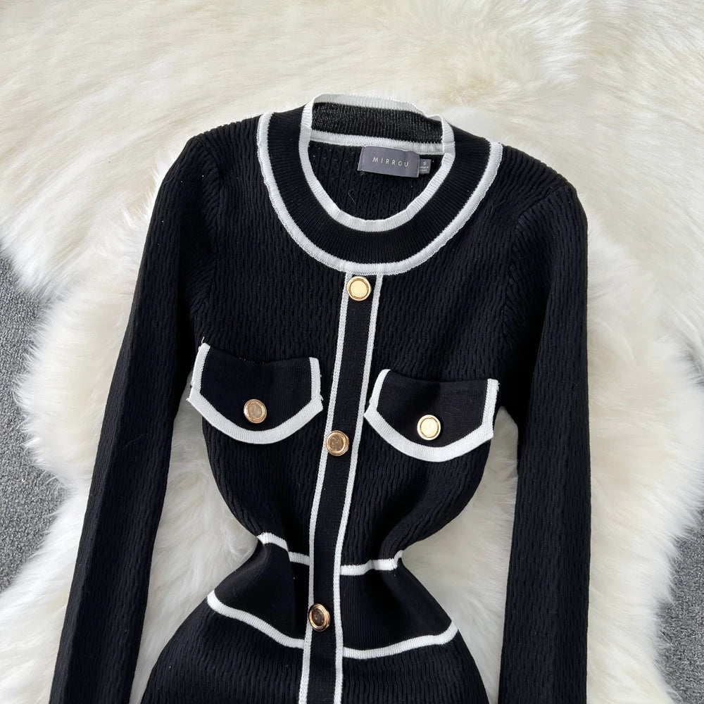 Women Elegant Bodycon Slim Party Knitted Dress Long Sleeve O-Neck Vintage Chic Prom Birthday Vestidos Autumn Female Long Robe