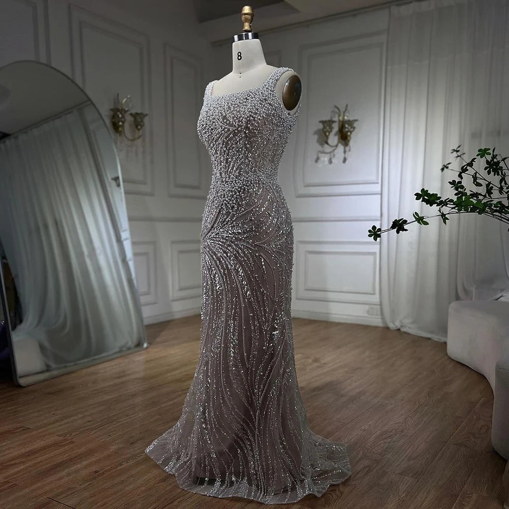 SERENE HILL 2024 White Nude Spaghetti Strap Mermaid Beaded Evening Dresses Luxury Pearls Gowns For Women Wedding Party GLA72266