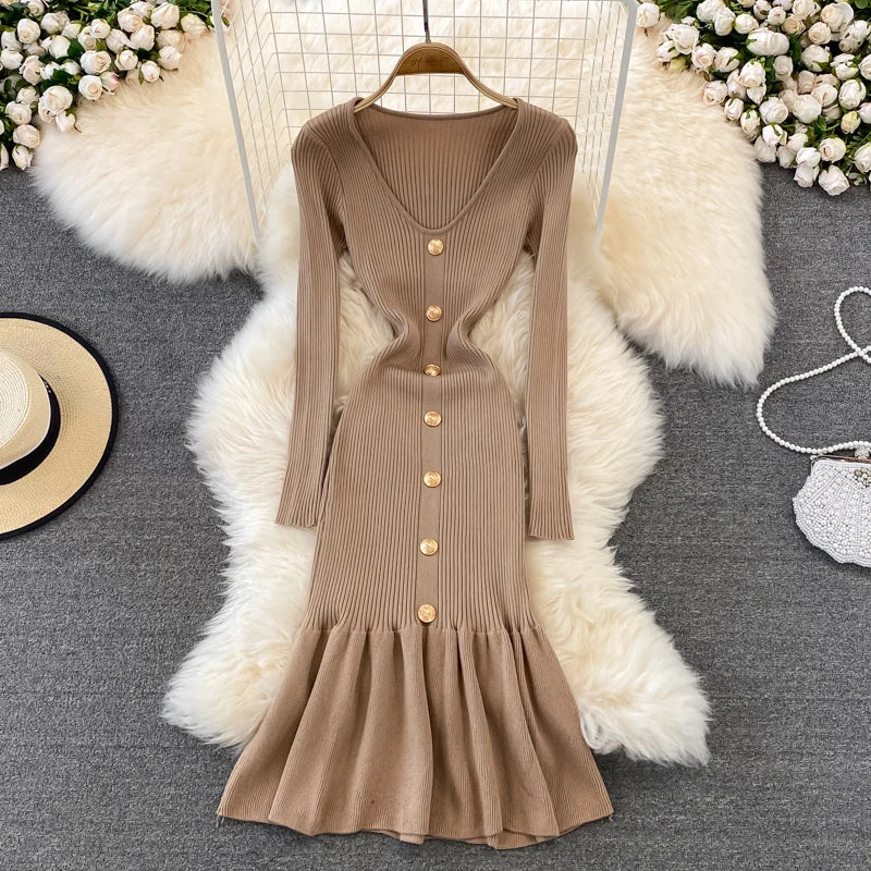 Chic V Neck Long Sleeve Elegant Mermaid Dress Sexy slim Evening Party French Fashion Knit Vestidos High Waist Autumn Slim Robe