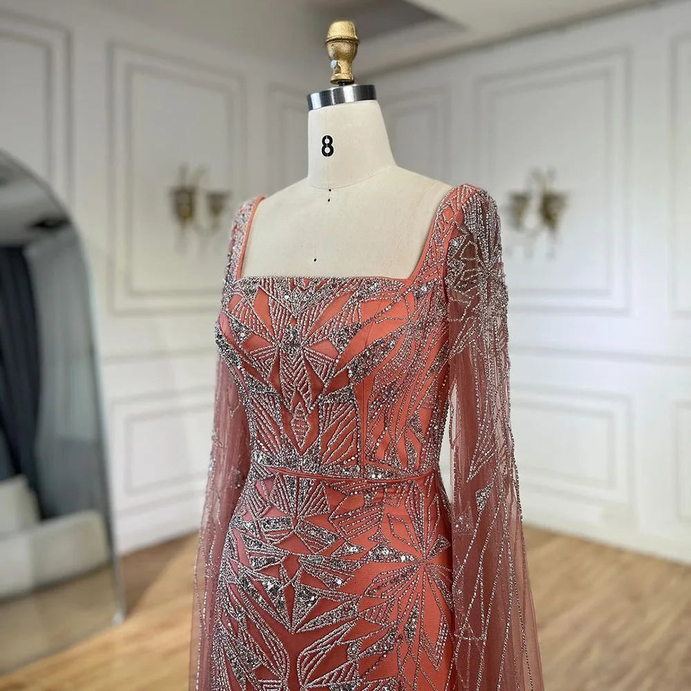Serene Hill Arabic Pink Cape Sleeves Mermaid Dubai Evening Dresses Beaded Luxury Wedding Party Gowns For Women 2024 LA72261