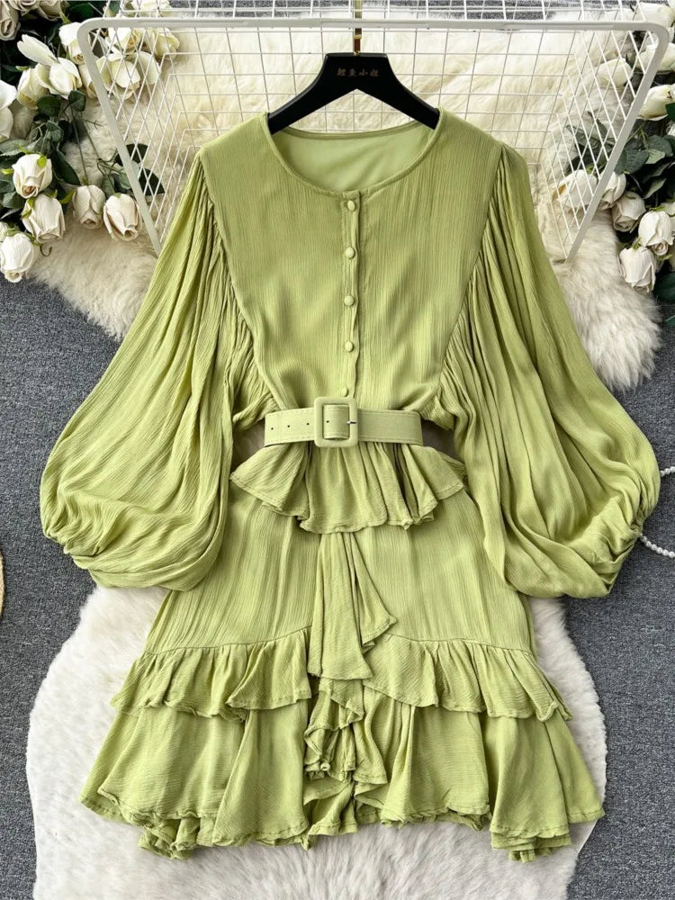 Vintage Puff Sleeve Ruffle Dress Women O-Neck A-Line Elegant Casual Party Prom Dresses Korean Autumn Fashion Female Vestidos New