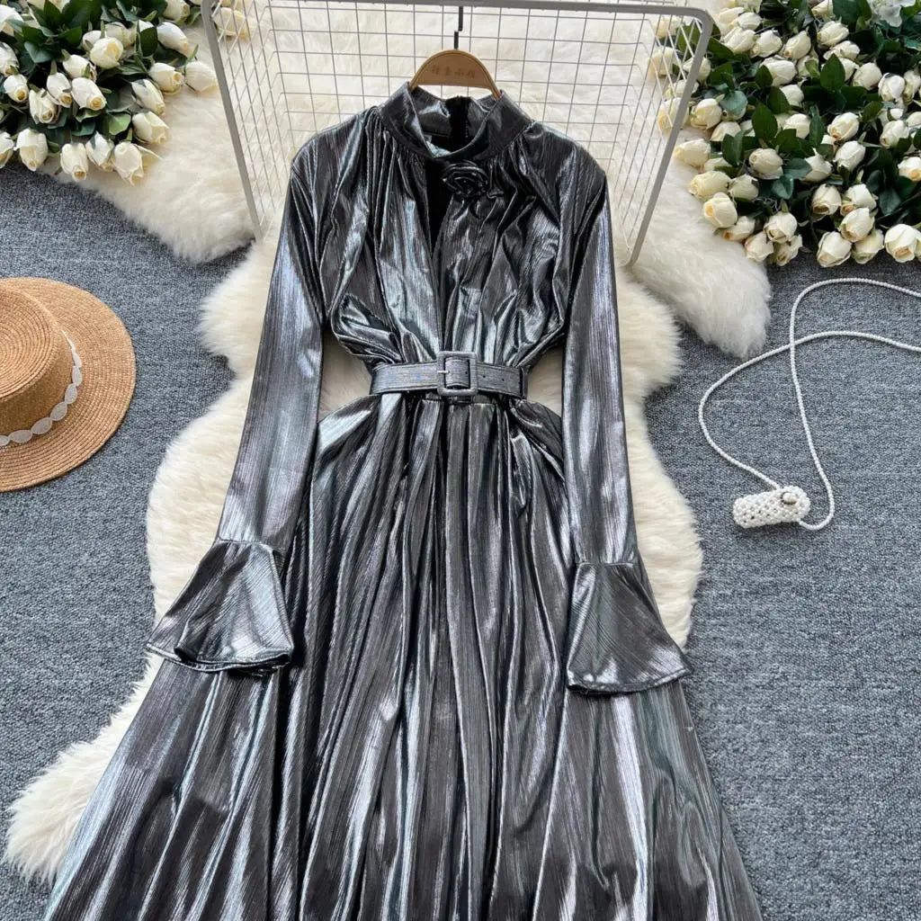 Autumn Vintage Pleated Women Long Dress Elegant Stand Collar Solid A-Line Party Prom Vestidos Female Birthday Clothes Mujers