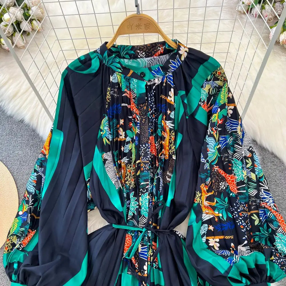 Elegant Women Casual Floral Print Party Dress Vintage Lantern Sleeve A-Line Pleated Prom Birthday Clothes Female Fashion Robe