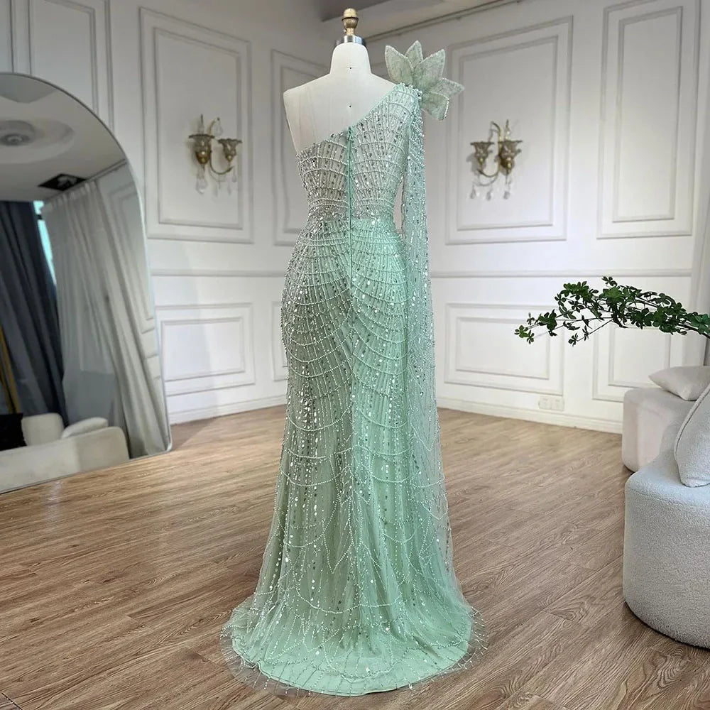 Serene Hill Sage Green Mermaid One Shoulder Pearls Luxury Dubai Arabic Evening Dresses Gowns For Women Wedding Party LA72511