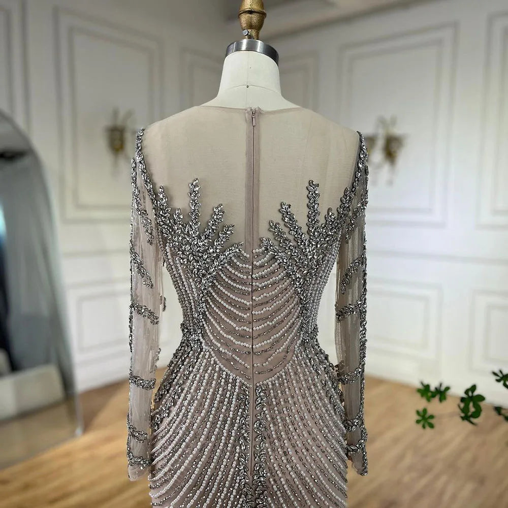 Serene Hill Luxury Crystal Pearls Dubai Sliver Nude Evening Dresses for Women Wedding Formal Prom Party Gown BLA72478