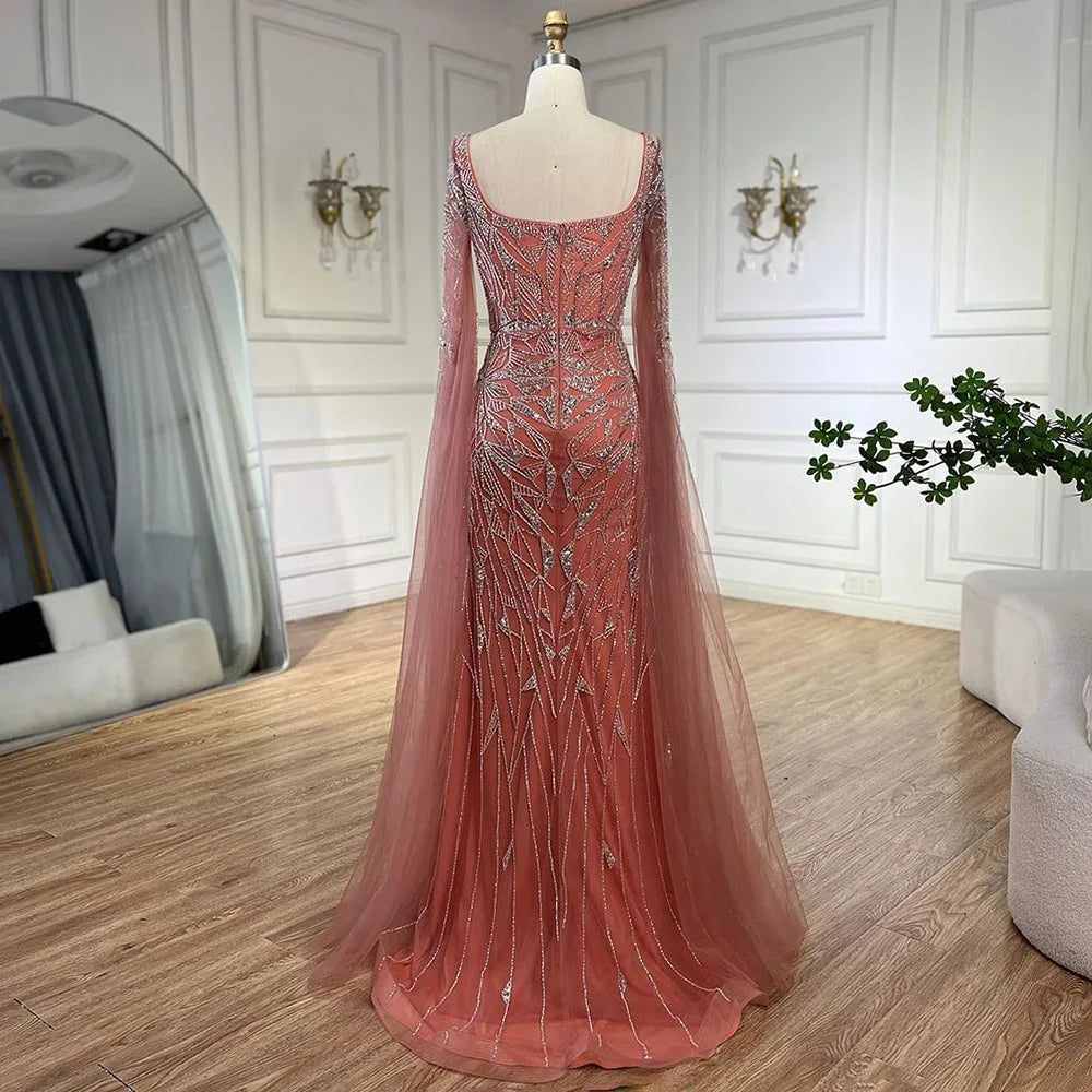 Serene Hill Arabic Pink Cape Sleeves Mermaid Dubai Evening Dresses Beaded Luxury Wedding Party Gowns For Women 2024 LA72261
