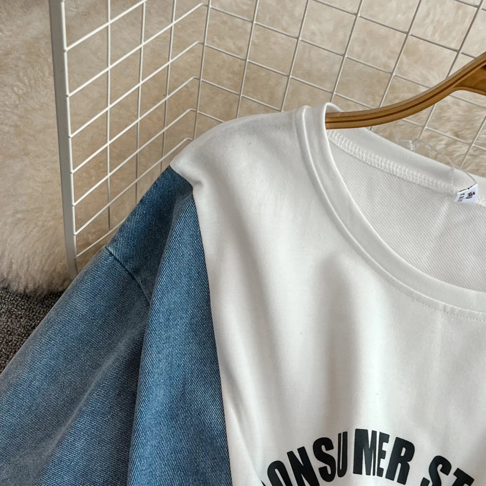 Women Summer Casual T Shirt Short Sleeve Streetwear Patchwork Denim Long Shirts Female O-neck Slim Jeans Tops