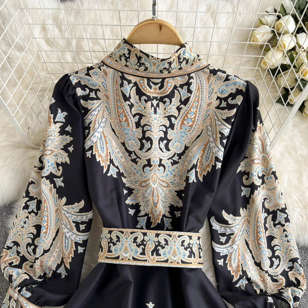 Retro Printed Party Dress Women Polo Collar Long Sleeve Elegant Long Dresses Spring Autumn French Single Breasted Shirt Dress