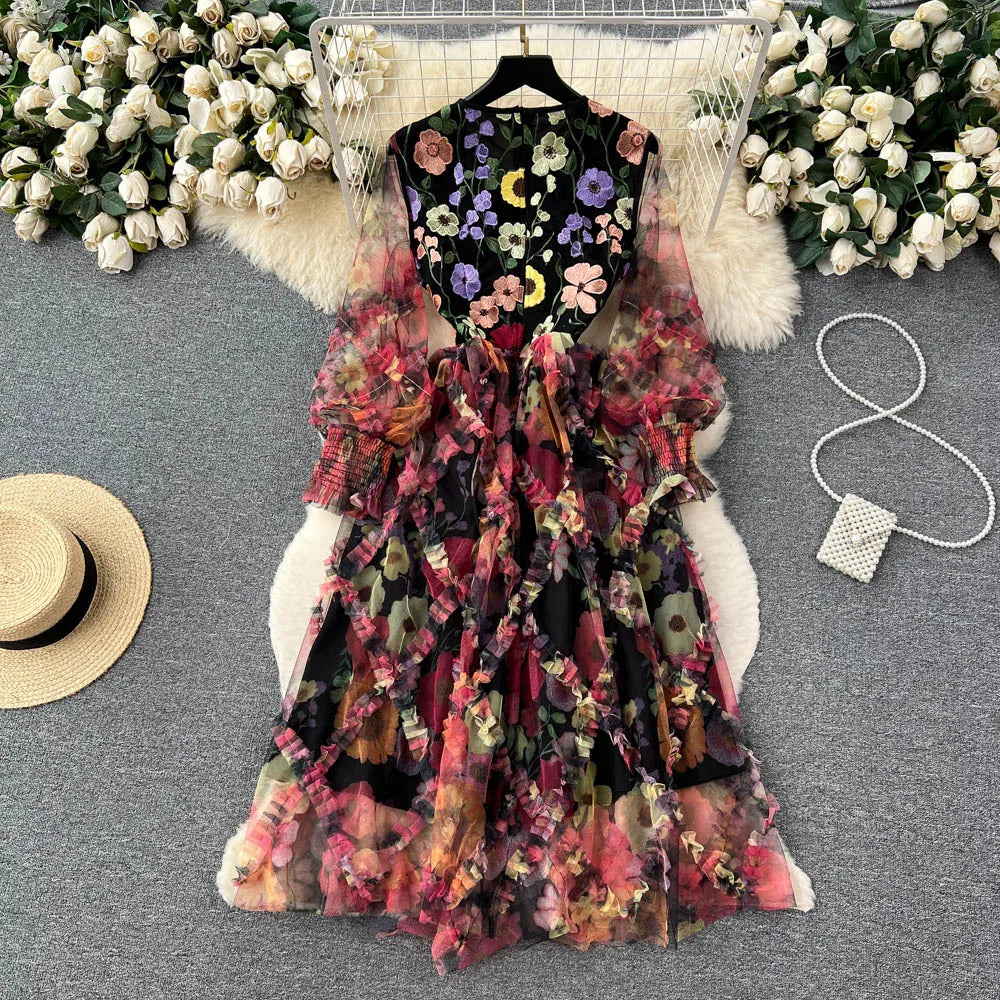 Retro Print Embroidery Elegant Mesh Dress A-line O-neck Long Sleeve Casual High Waist Dress Women Summer