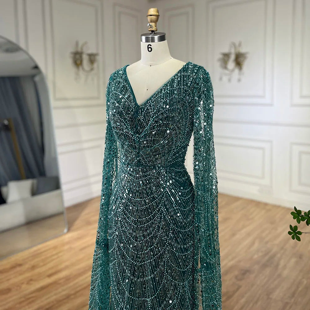 Serene Hill Arabic White Luxury Pearls Beaded Mermaid Cape Sleeves Evening Gowns 2024 For Women Wedding Party LA72160