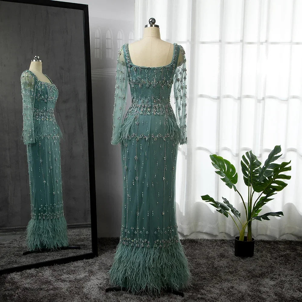 Serene Hill Muslim Turquoise Mermaid Elegant Evening Dresses Gowns 2024 Luxury Beaded Feather For Women Party LA71722