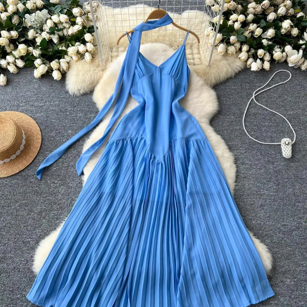 Summer Elegant Casual Women Solid Dress Halter A-Line Beach Holiday Party Long Robe Female Spaghetti Strap Boho Clothes Vestidos