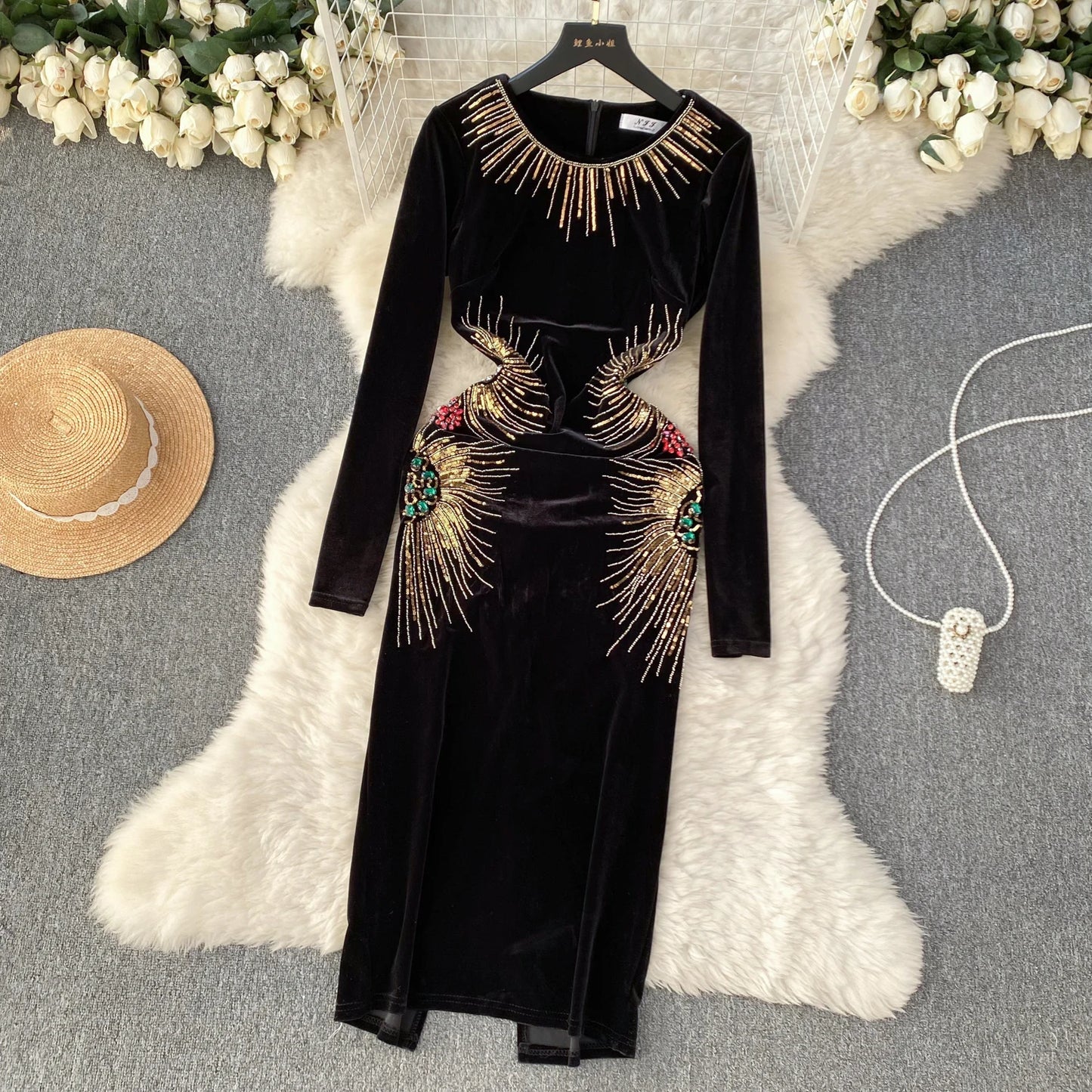 Chic Elegant Long Sleeve O Neck Rhine Stone Sequin Velvet Dress Sexy Vestidos High Waist Women Autumn Ceremonial Dress