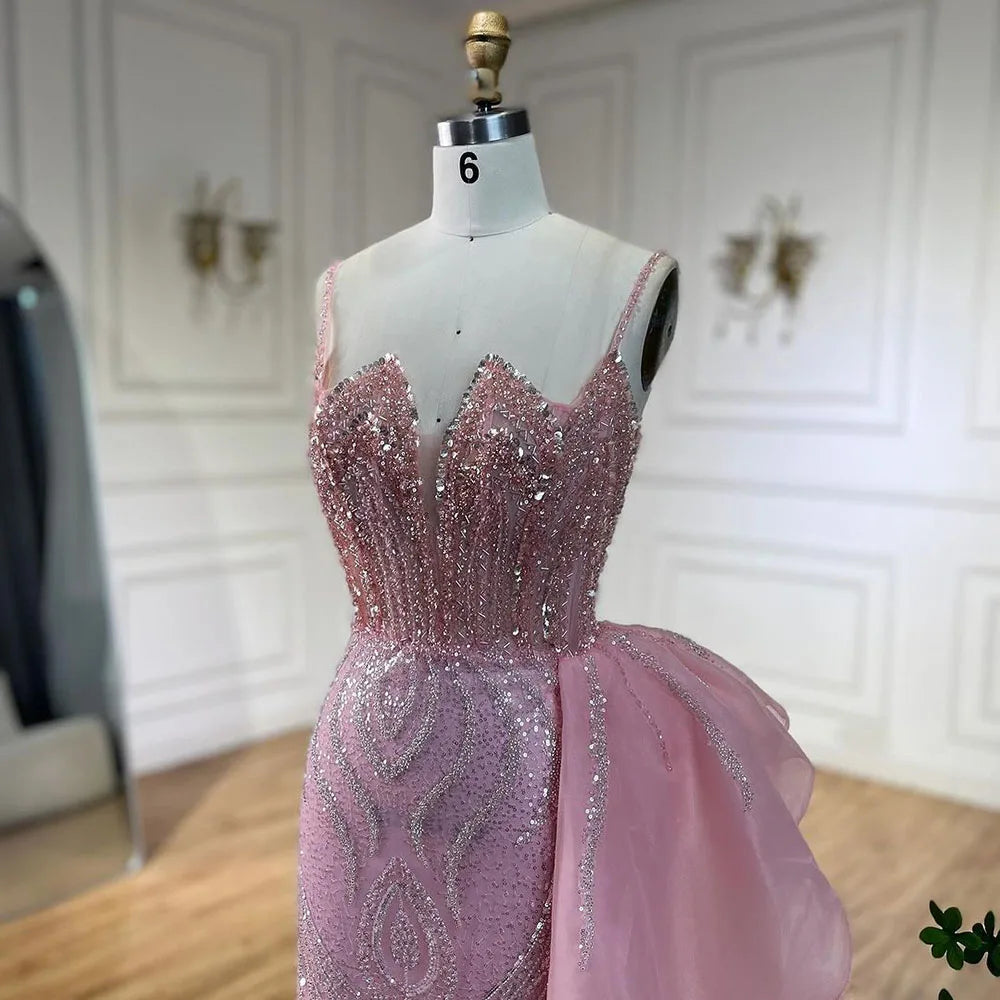 SERENE HILL 2024 Turquoise Spaghetti Strap Luxury Beaded Evening Dresses Mermaid Elegant Overskirt Gown For Women Party GLA72378