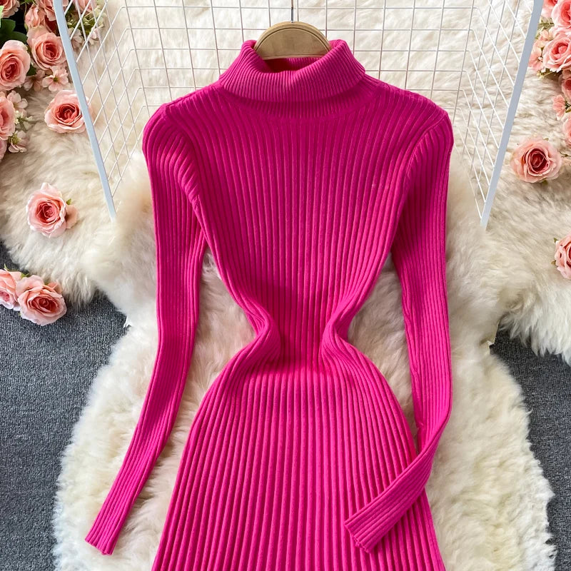 Women Chic Turtleneck Long Sleeve Sexy A-line Sweater Dress Vintage Korean Fashion Knit Vestido Elegant Autumn Winter Knitwear