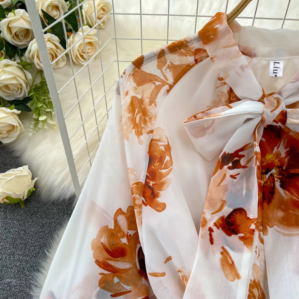 Elegant Casual Women Fashion Floral Print Long Dress Vintage Pleated A-Line Maxi Boho Beach Party Robe Female Clothes Mujers