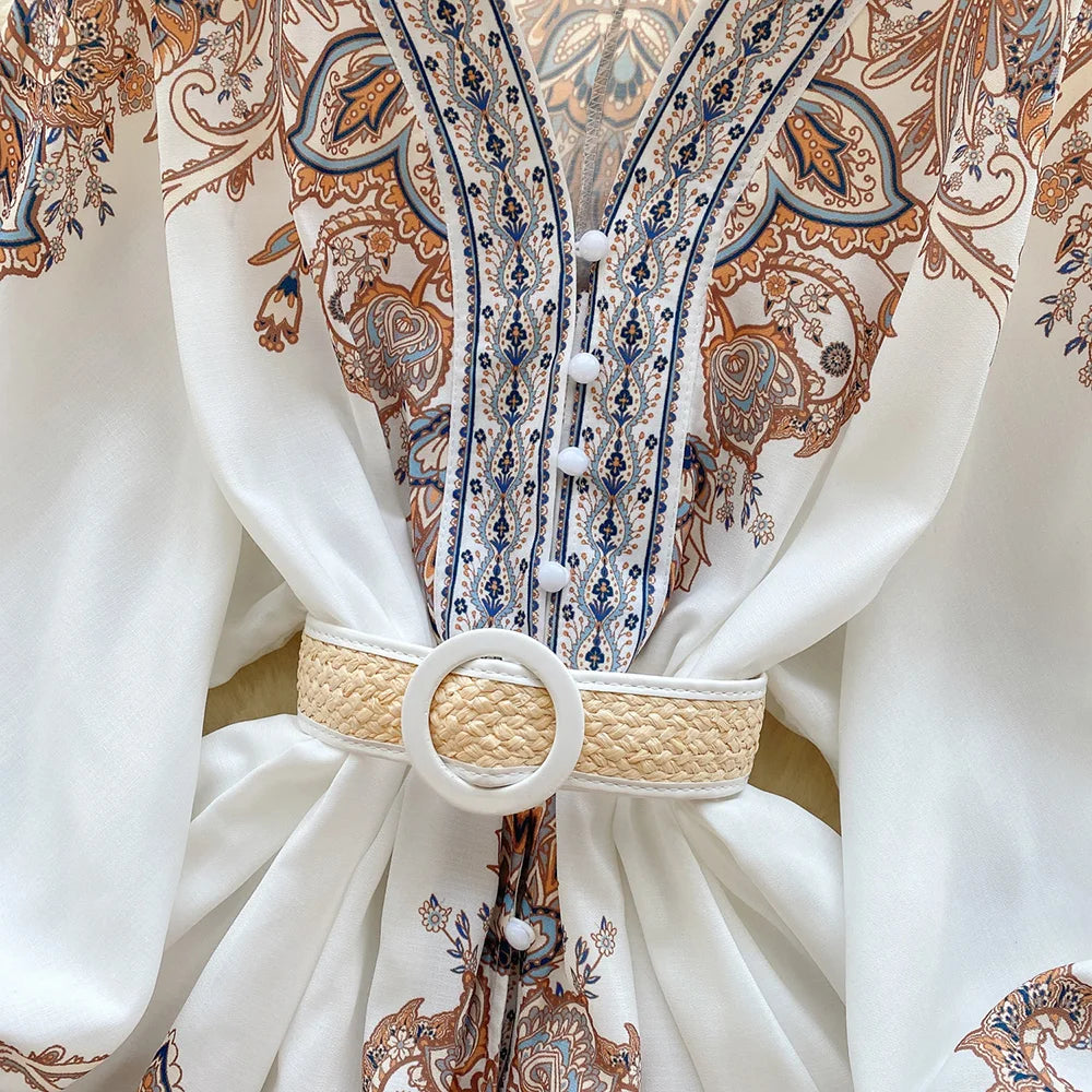 Holiday Dress For Women 2024 Bohemian Vintage Paisley Print Dress Spring 3/4 Sleeve V Neck Elegant Party Short Dresses With Belt