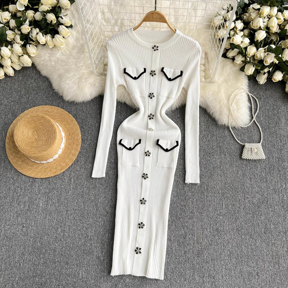 Women Elegant Chic Long Sleeve Sexy Slim Bodycon Dress Vintage Korean Fashion Knit Tight Vestido Autumn Winter Sweater Robe