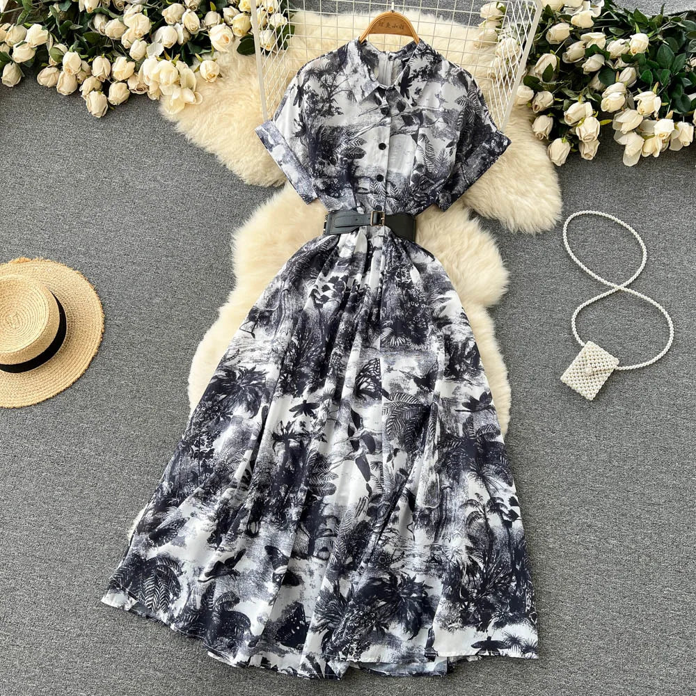 Vintage Tie Dye Print Shirt Dress Women Elegant Summer High Waist Slim A Line Printed Chiffon Long Robe Ladies Casual Long Robe
