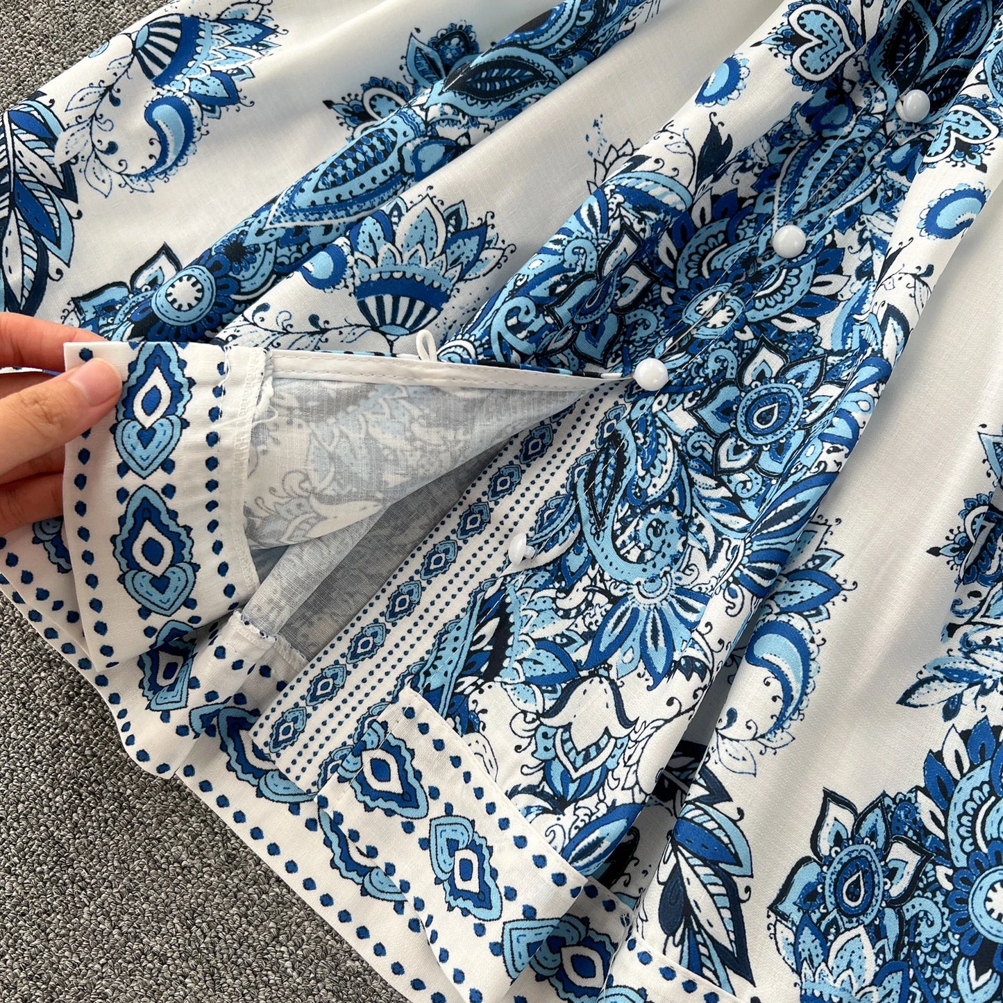 Vintage Print Elegant V-eck Single Breasted Lantern Long Sleeve Dress A-line Casual Women Fashion Summer Spring Vestidos
