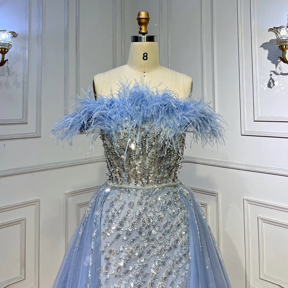 SERENE HILL 2024 Blue Feather Mermaid Luxury Beaded Evening Dresses Overskirt Formal Pink Gowns For Women Wedding Party GLA72061