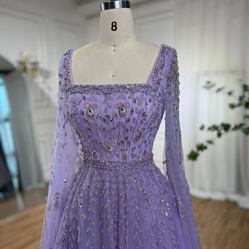 Serene Hill 2024 Muslim Pink A Line Beaded Elegant Cape Sleeve Luxury Evening Dresses Gowns For Women Wedding Party LA71803A