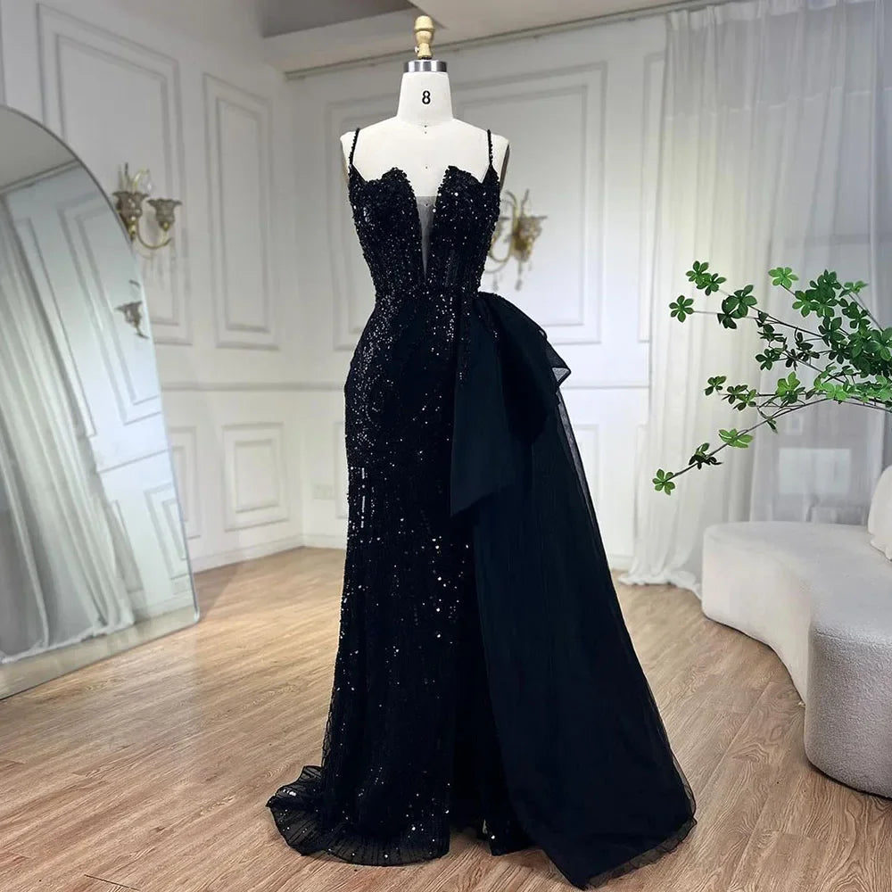 SERENE HILL 2024 Turquoise Spaghetti Strap Luxury Beaded Evening Dresses Mermaid Elegant Overskirt Gown For Women Party GLA72378