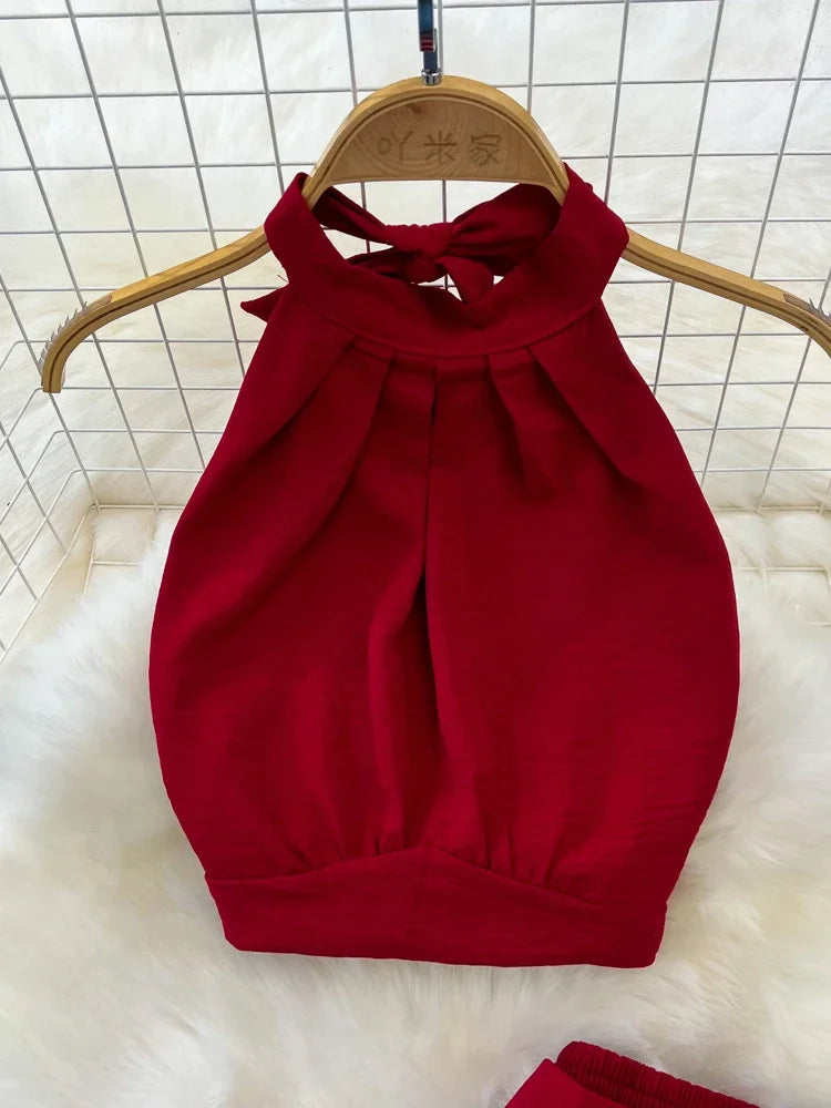 Summer Women Sexy Beach Two Piece Set Elegant Halter Sleevless Bandage Tops + High Waist Wide Leg Pants Female Vacation Suit New