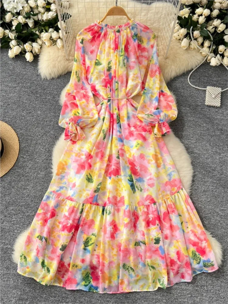 Elegant Floral Print Party Dress for Women French O-Neck Embroidered Flares Lace Up Lantern Long Sleeves Chiffon Long Dresses