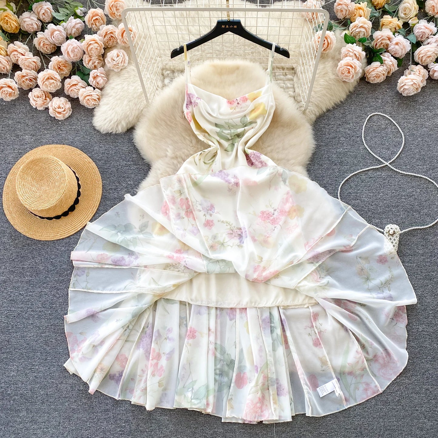French Elegant Beach Dress 2024 New Women Sexy Floral Printed Slim Mid Length Ruffled Party Dresses Ladies Summer Long Robe