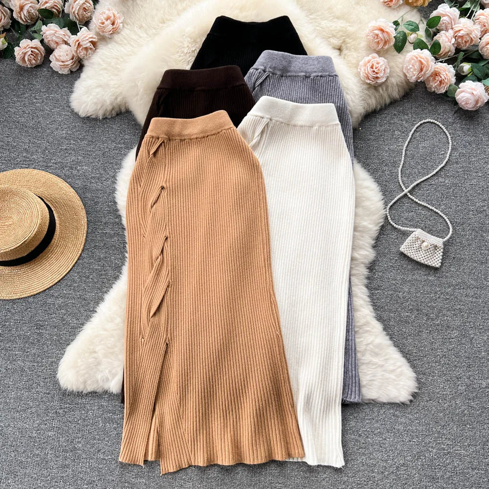 Women Elegant Chic Split Sexy Skirt Elastic Knit High Waist Fashion Vintage Pencil Skirt Black White Spring Autumn Clothing