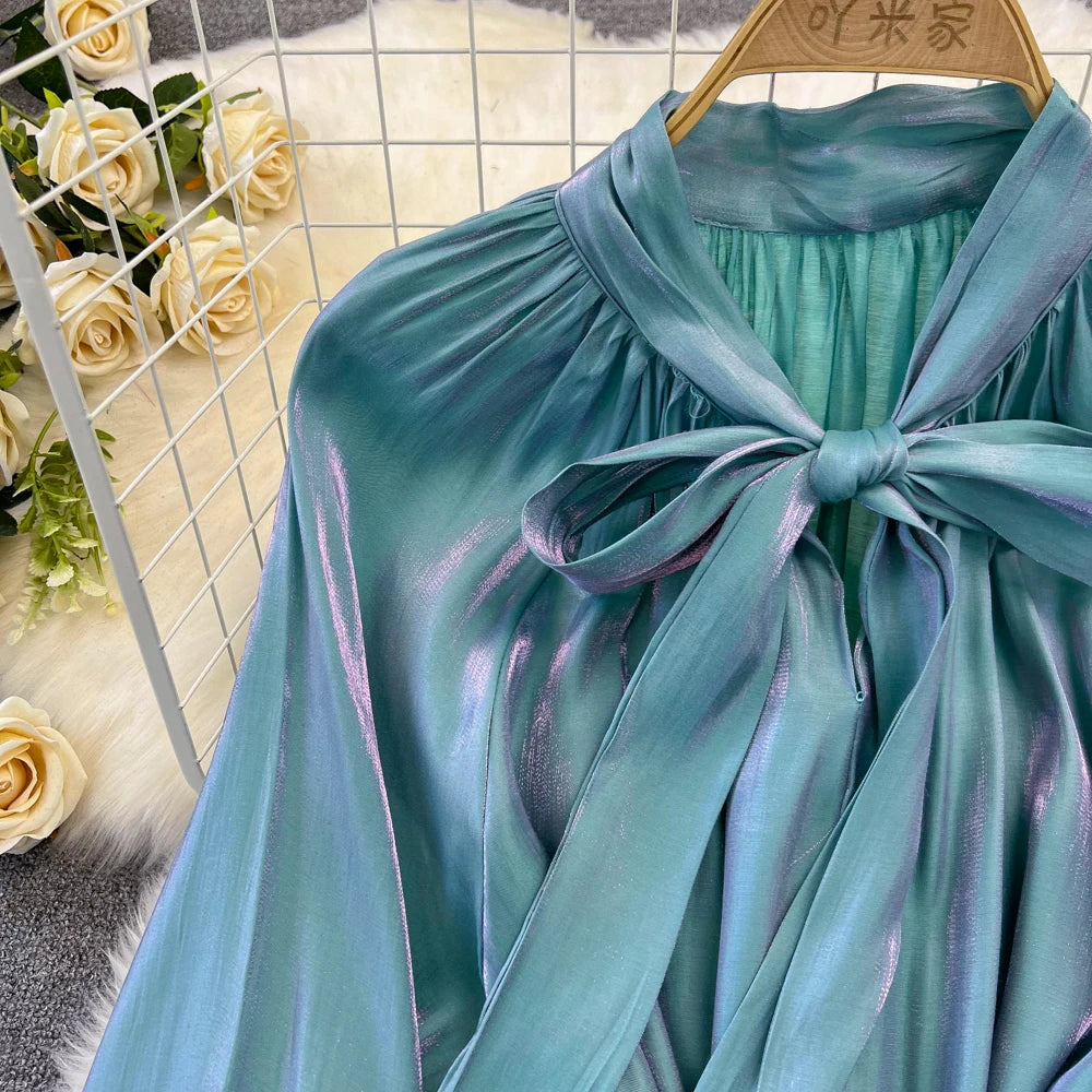 Autumn Elegant Women Fashion Party Long Dress Bow Lace Up Long Sleeve Evening Dresses A-Line Casual Vestidos One Piece Prom Robe