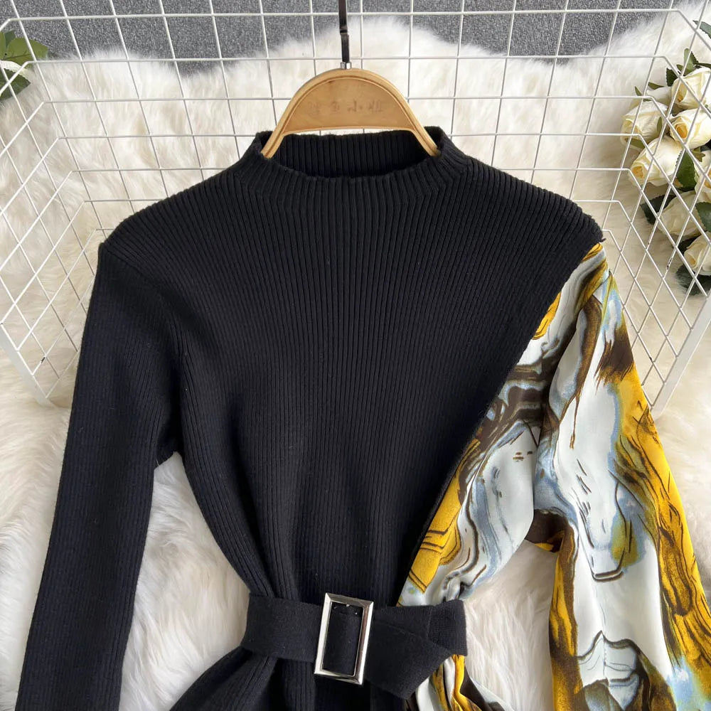 Elegant Chic Print Patchwork Knit Dress French Long Sleeve Party A-line Vestidos High Waist Basic Slim Women Autumn Winter Dress
