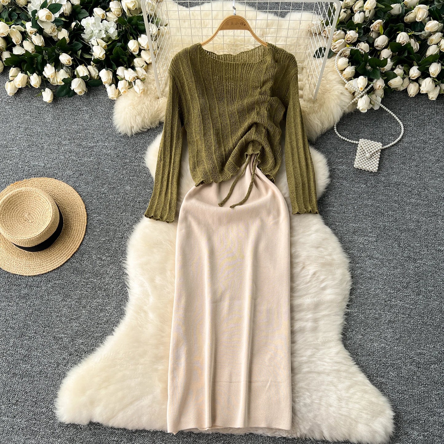 French Vintage Shirring lool sleeve slip knit overcoat with sweet slip A-line Chic Casual Vacation Women Summer dresses