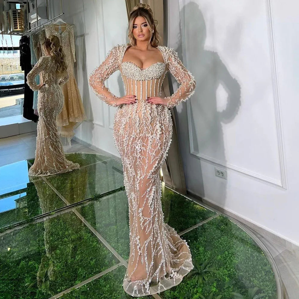 Serene Hill Dubai Luxury Pearls Beaded Nude Elegant Arabic Mermaid Evening Dress for Women - Wedding Party 2024 LA72361
