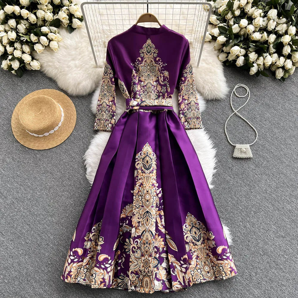 Pinkou Women Elegant Print Maxi Dress Cross V Neck Bow Tie Sashes Three Quarter Sleeve Female Chic Wrap Dresses Vestido QA815