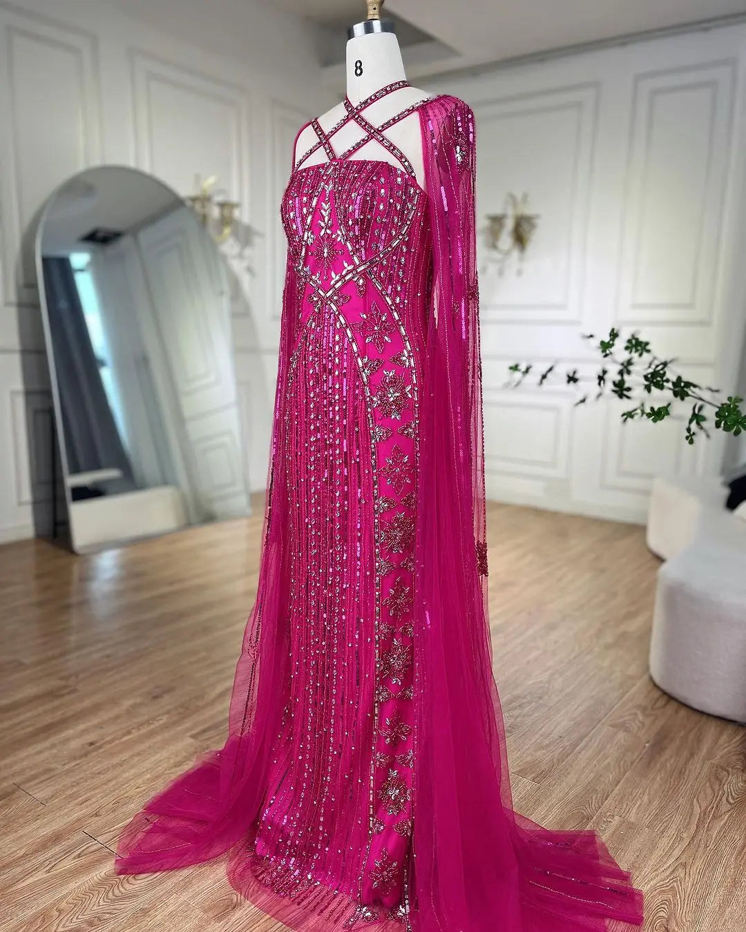 SERENE HILL Arabic Caramel Mermaid Elegant Cape Sleeves Beaded Luxury Evening Dresses 2024 Formal Gown For Women Party GLA71905A