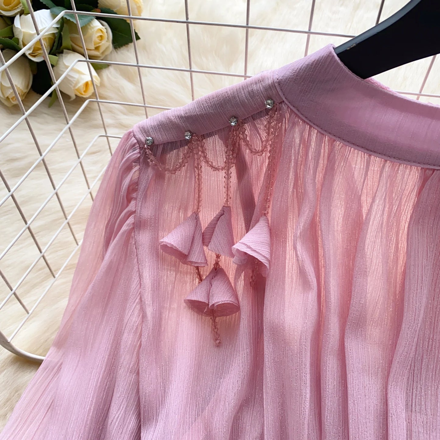 Elegant Tassel Beaded Lantern Sleeve Midi Dress Women French Stand Collar Slim A-Line Pleated Female One Piece Casual Mujer New