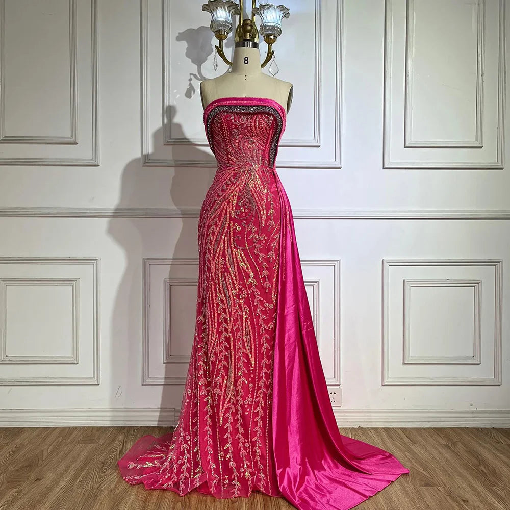 Serene Hill 2024 Arabic Nude Strapless Satin Mermaid Beaded Luxury Dubai Evening Gown with Side Skirt for Women's Party BLA72665