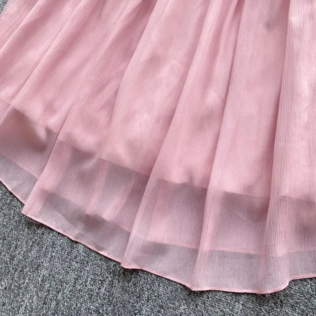 Elegant Tassel Beaded Lantern Sleeve Midi Dress Women French Stand Collar Slim A-Line Pleated Female One Piece Casual Mujer New
