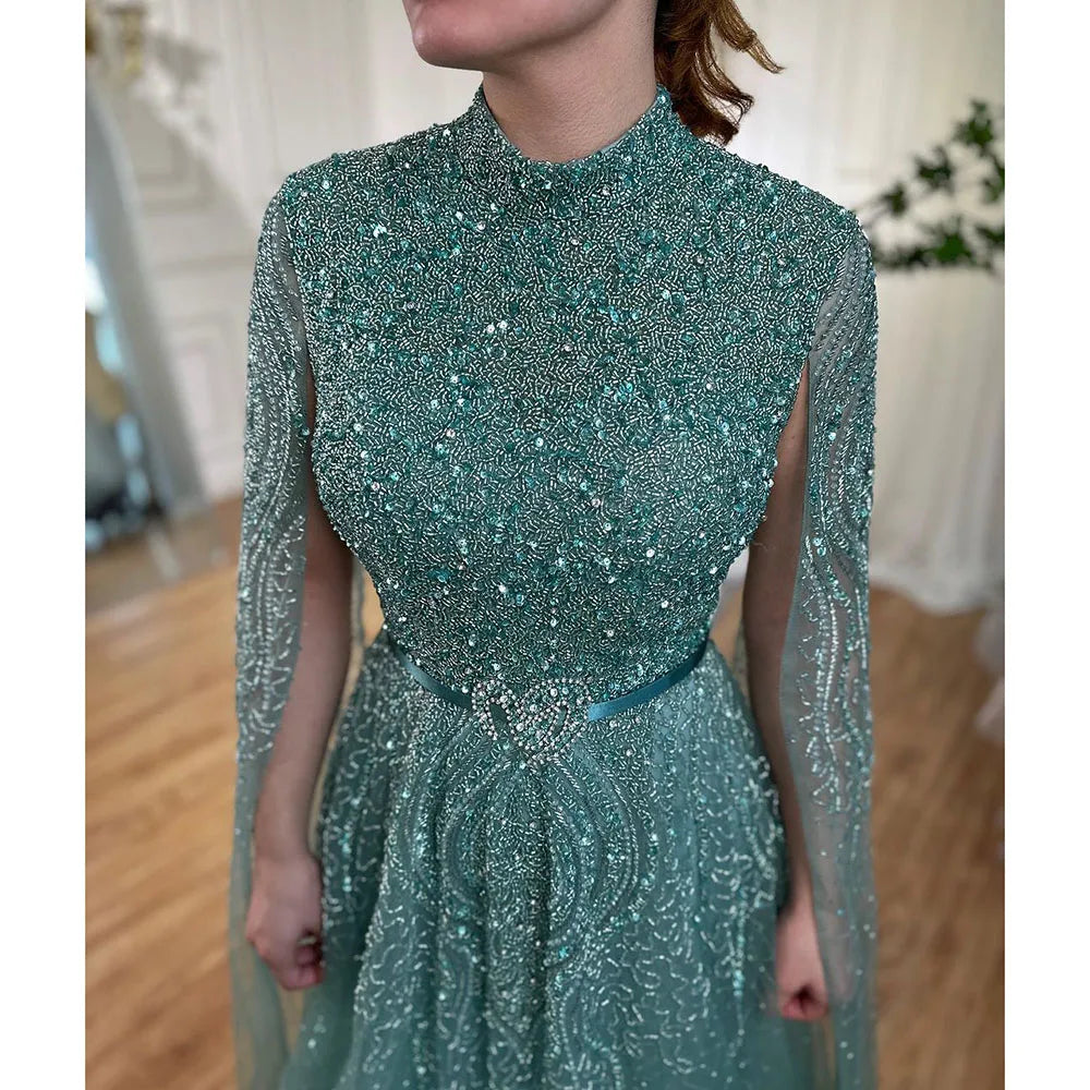 Serene Hill Blue A-Line High-end Beaded Luxury Cape Sleeves Evening Dresses Gowns 2024 For Woman Party Plus Size LA70066B