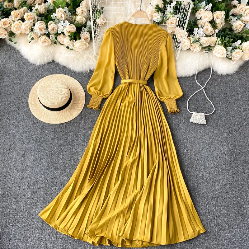 Chic Pleated Elegant Puff Sleeve Dress A-line Chiffon High Waist Belt Beach Vacation Party Dress Women Summer Spring Vestidos
