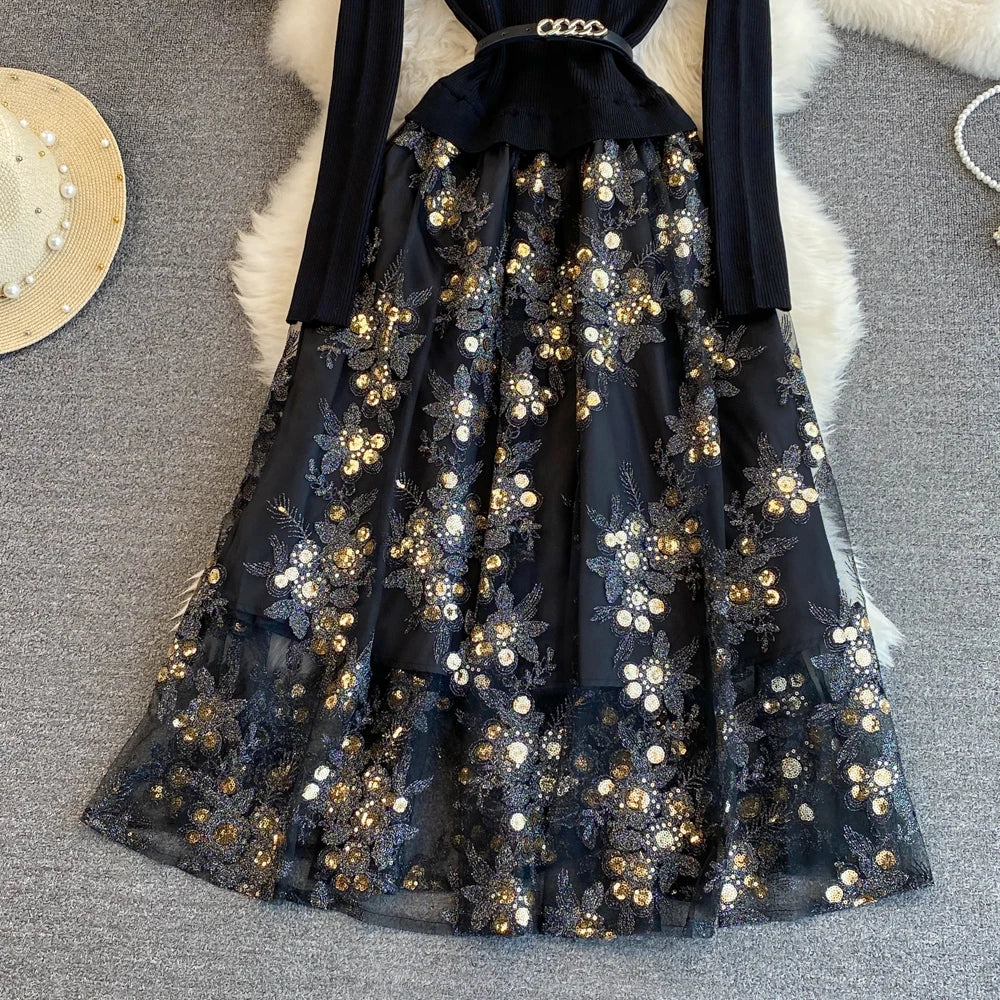 Women Chic Long Sleeve Stand Collar Patchwork A-line Dress Vintage Korean Fashion Knit Vestido Elegant Autumn Winter Knitwear