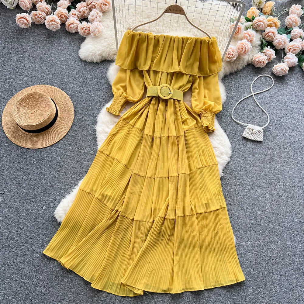 Vintage Pleated Slash Neck Off Shoulder High Waist Dress Long Sleeve Dress Chic Summer Beach Vestidos Women Vacation Sundress