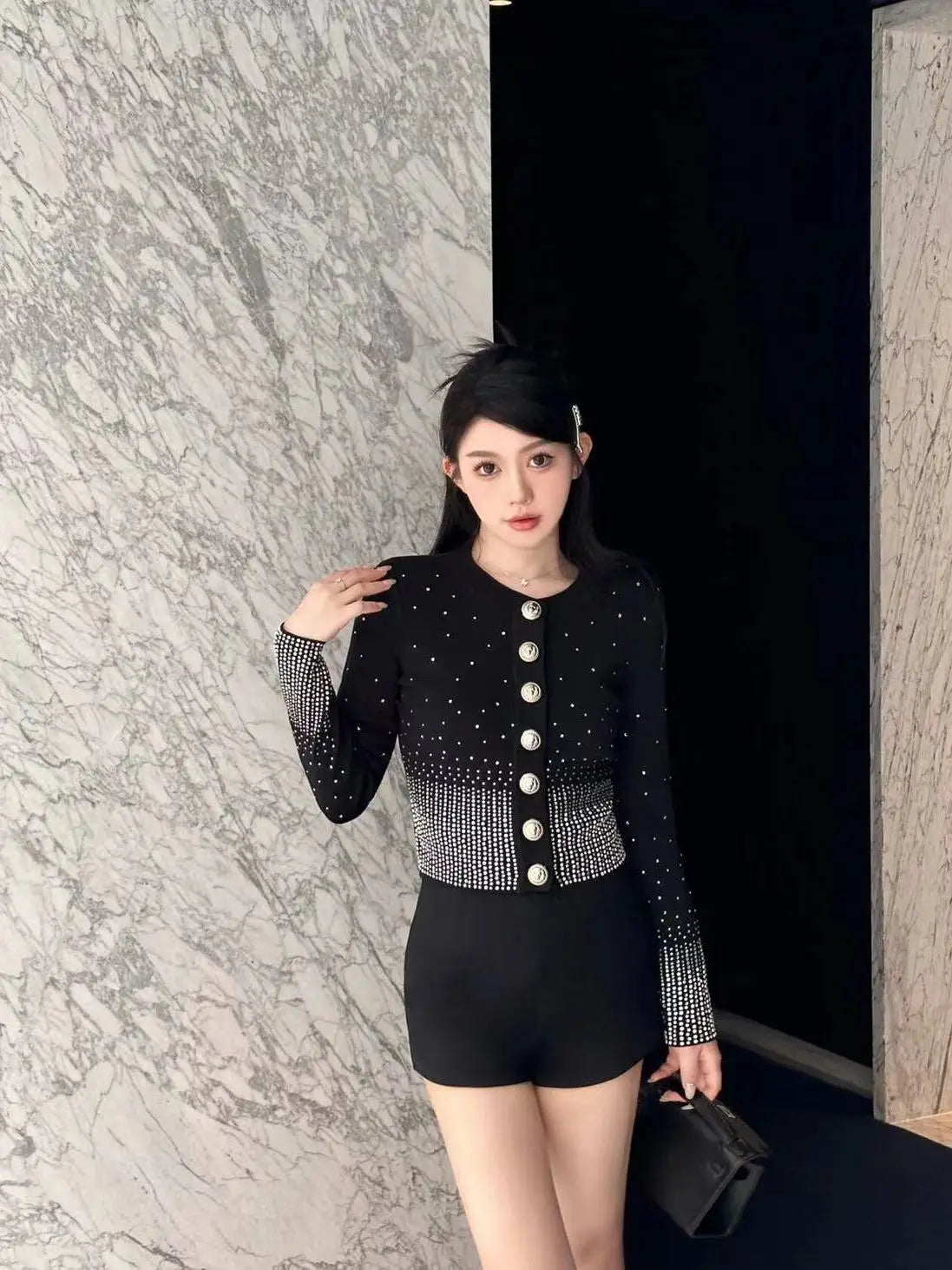 Rhinestone Decoration Knitted Cardigan Women Stylish Elegant Sweater Cropped Knit Jacket Single-breasted Chic Thin Coat Spring