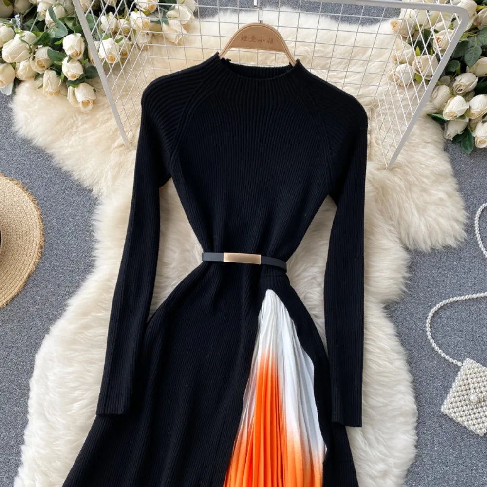 Elegant Chic Pleated Knit Dress French Long Sleeve Party Gothic A-line Vestidos High Waist Basic Slim Women Autumn Winter Dress