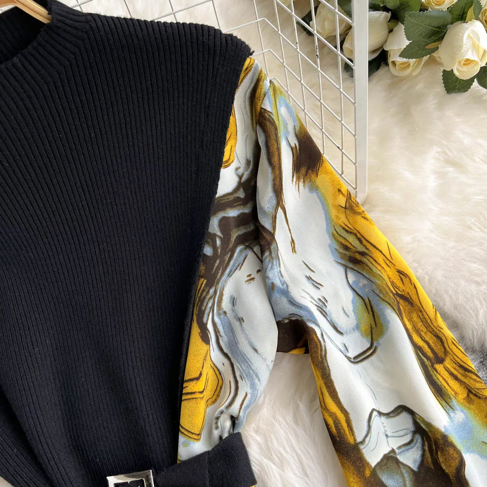 Elegant Chic Print Patchwork Knit Dress French Long Sleeve Party A-line Vestidos High Waist Basic Slim Women Autumn Winter Dress